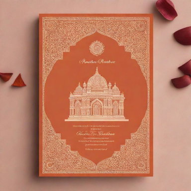 Design an elegant and celebratory invitation for a Ram Mandir inauguration. Include traditional Hindu symbols and designs. It should showcase the Ram Mandir with a warm, inviting color palette.