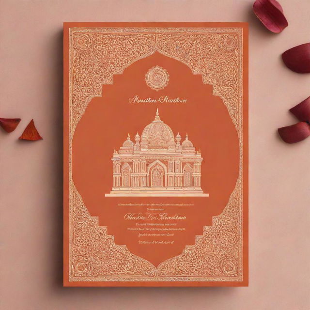 Design an elegant and celebratory invitation for a Ram Mandir inauguration. Include traditional Hindu symbols and designs. It should showcase the Ram Mandir with a warm, inviting color palette.