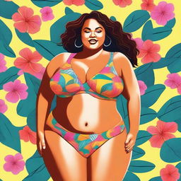 A high-quality digital art depiction of a confident, plus-size woman donning a vibrant bikini