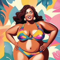 A high-quality digital art depiction of a confident, plus-size woman donning a vibrant bikini