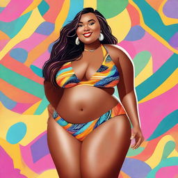 A high-quality digital art depiction of a confident, plus-size woman donning a vibrant bikini