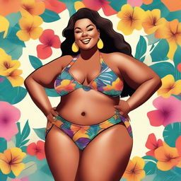 A high-quality digital art depiction of a confident, plus-size woman donning a vibrant bikini