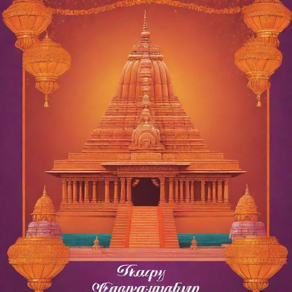 Design a vibrant and festive poster for the Ram Mandir inauguration celebrations. The poster should prominently feature the Ram Mandir, have festive elements such as garlands and lanterns, and a palette of warm, traditional hues.