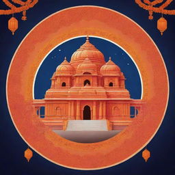 Design a vibrant and festive poster for the Ram Mandir inauguration celebrations. The poster should prominently feature the Ram Mandir, have festive elements such as garlands and lanterns, and a palette of warm, traditional hues.