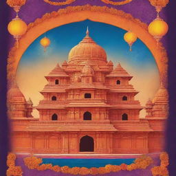 Design a vibrant and festive poster for the Ram Mandir inauguration celebrations. The poster should prominently feature the Ram Mandir, have festive elements such as garlands and lanterns, and a palette of warm, traditional hues.