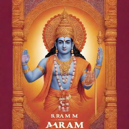 Create a vibrant poster for Ram Mandir inauguration featuring a tasteful and respectful image of Lord Sri Rama. Design elements should include the temple, festive decor, and traditional hues.