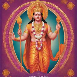 Create a vibrant poster for Ram Mandir inauguration featuring a tasteful and respectful image of Lord Sri Rama. Design elements should include the temple, festive decor, and traditional hues.