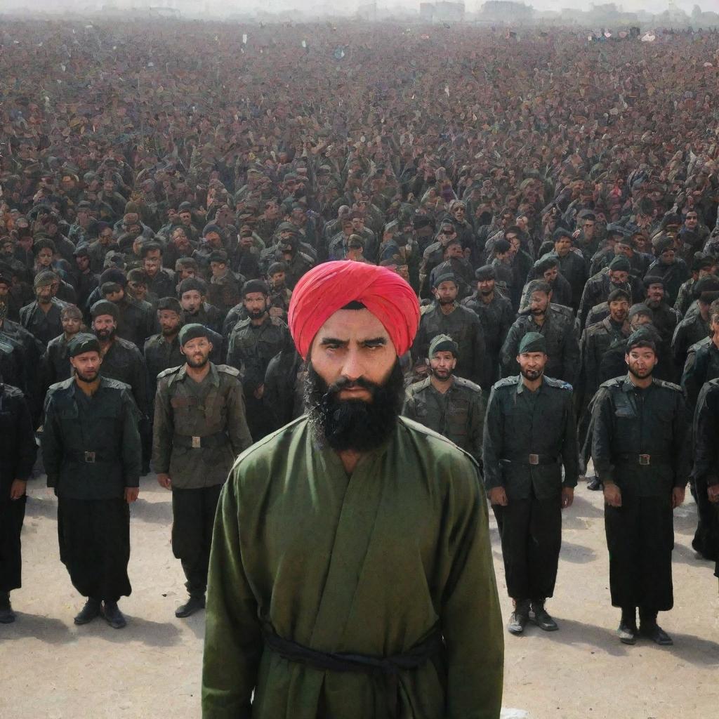 A turbaned man in Karbala surrounded by armies in a vivid, historically-inspired scene.