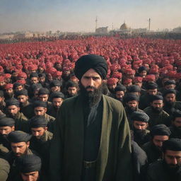 A turbaned man in Karbala surrounded by armies in a vivid, historically-inspired scene.