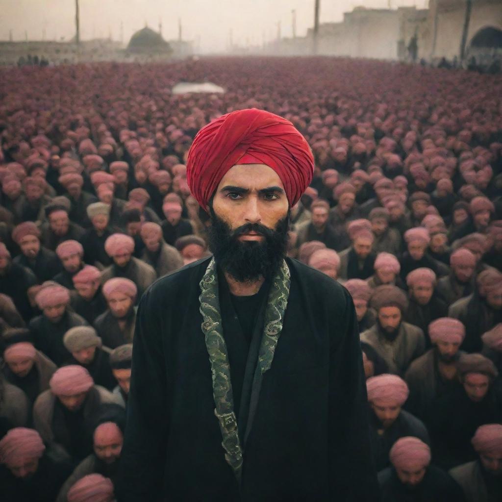 A turbaned man in Karbala surrounded by armies in a vivid, historically-inspired scene.