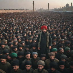 A turbaned man in Karbala surrounded by armies in a vivid, historically-inspired scene.