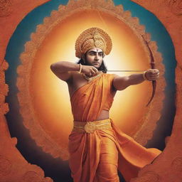 Design a festive poster for Ram Mandir inauguration incorporating a respectful depiction of Lord Sri Rama with his bow and arrow. The background should showcase the temple, and the design should be warm, vibrant, and ceremonial.