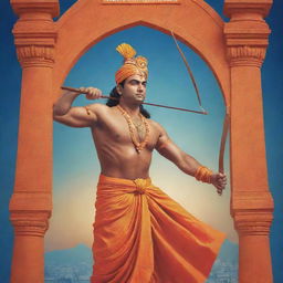 Design a festive poster for Ram Mandir inauguration incorporating a respectful depiction of Lord Sri Rama with his bow and arrow. The background should showcase the temple, and the design should be warm, vibrant, and ceremonial.