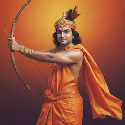 Design a festive poster for Ram Mandir inauguration incorporating a respectful depiction of Lord Sri Rama with his bow and arrow. The background should showcase the temple, and the design should be warm, vibrant, and ceremonial.