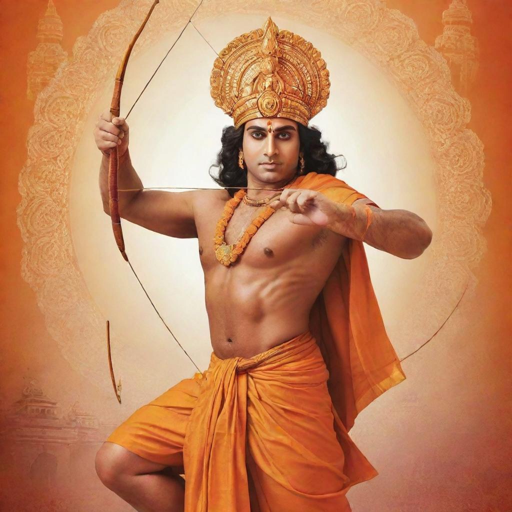 Design a festive poster for Ram Mandir inauguration incorporating a respectful depiction of Lord Sri Rama with his bow and arrow. The background should showcase the temple, and the design should be warm, vibrant, and ceremonial.