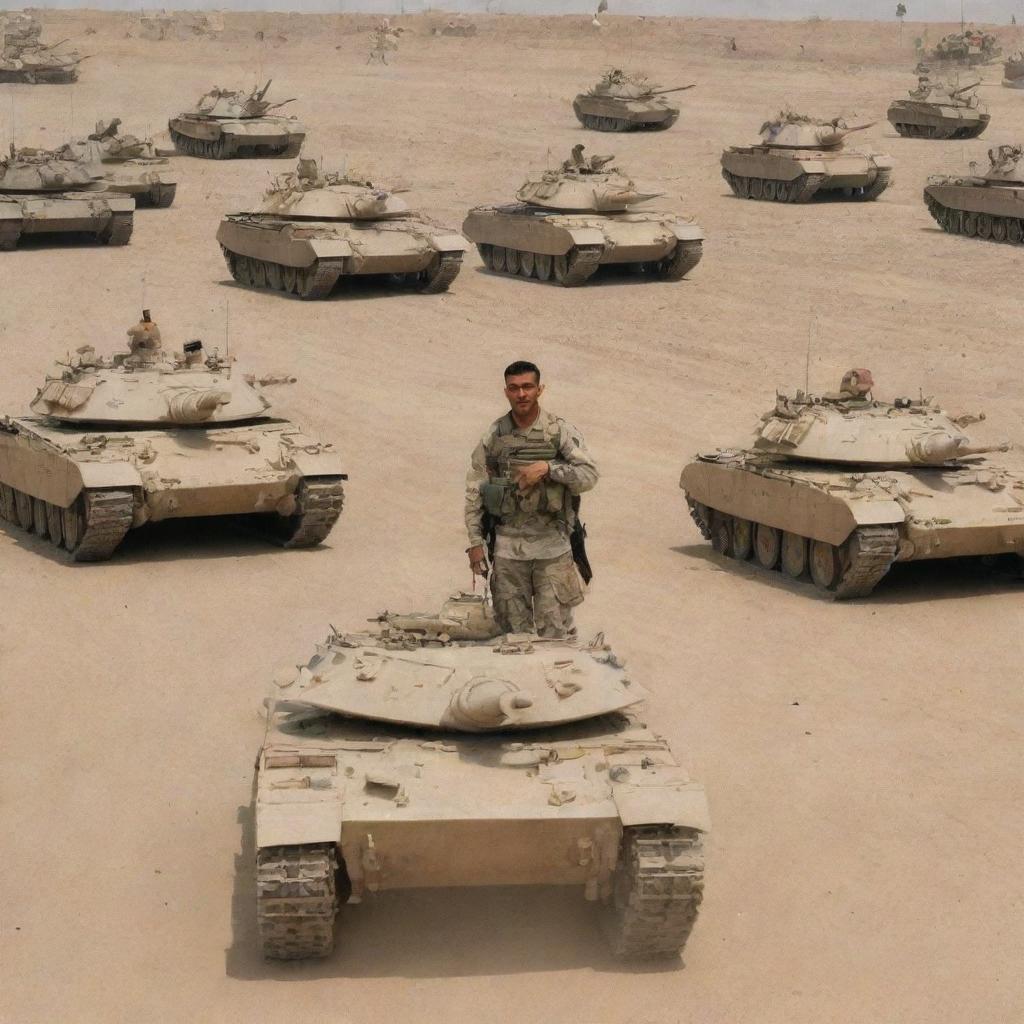 An Iraqi soldier surrounded by numerous tanks and armies