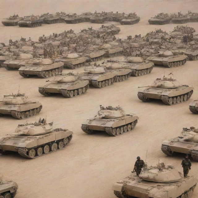 An Iraqi soldier surrounded by numerous tanks and armies