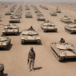 An Iraqi soldier surrounded by numerous tanks and armies