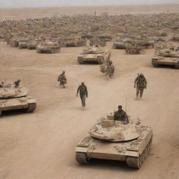 An Iraqi soldier surrounded by numerous tanks and armies