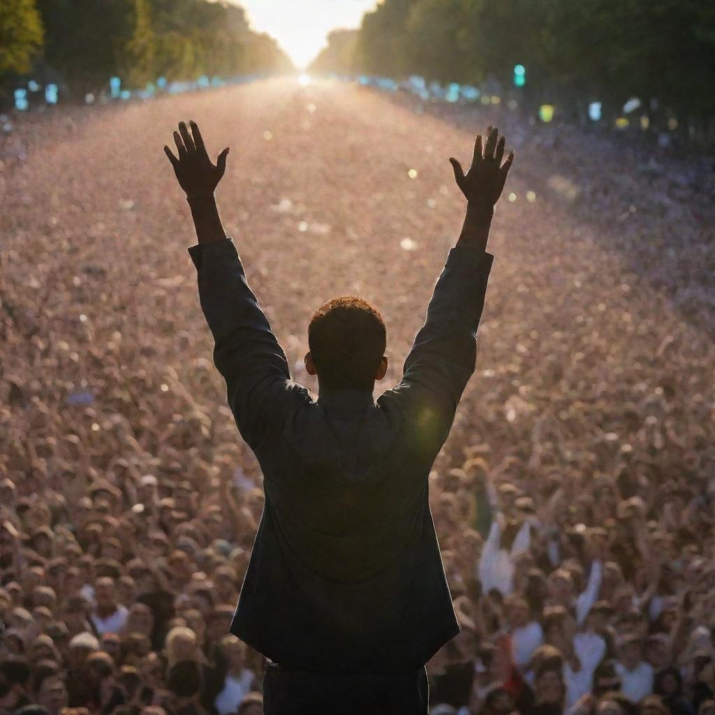 A magnificent individual leading a crowd of a million demonstrators, surrounded by an aura of light.