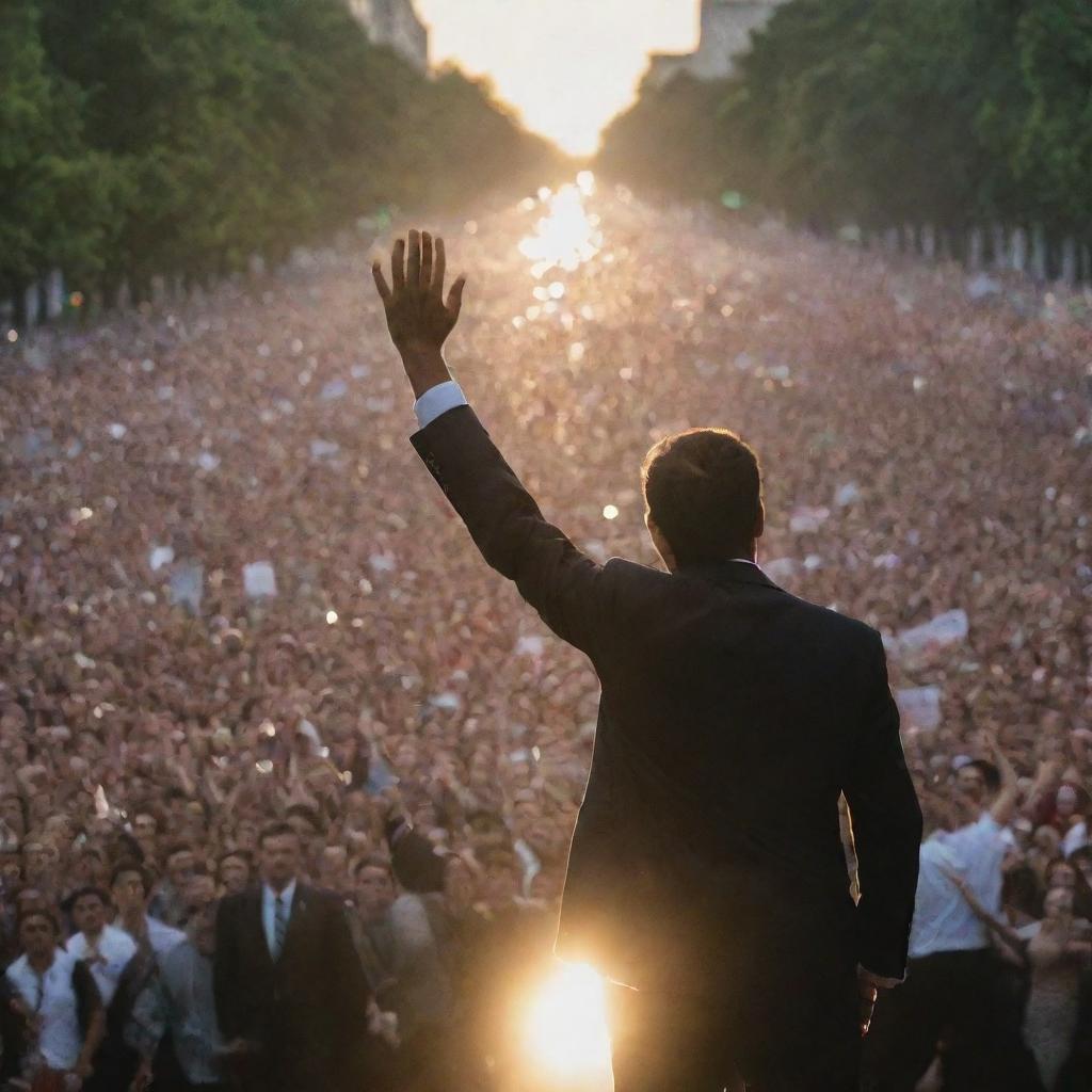 A magnificent individual leading a crowd of a million demonstrators, surrounded by an aura of light.