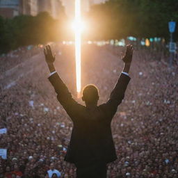 A magnificent individual leading a crowd of a million demonstrators, surrounded by an aura of light.