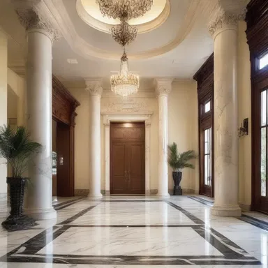 The grand entryway with its marble floors and soaring columns creates an impressive entry to the mansion.