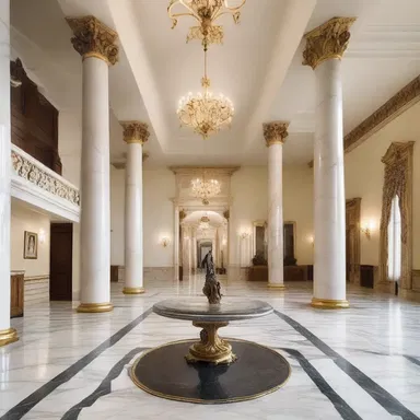 The grand entryway with its marble floors and soaring columns creates an impressive entry to the mansion.