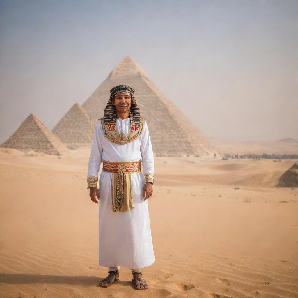 A traditionally dressed Egyptian man, standing tall against a backdrop of the Pyramids with clear-skied desert scenery.