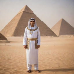 A traditionally dressed Egyptian man, standing tall against a backdrop of the Pyramids with clear-skied desert scenery.