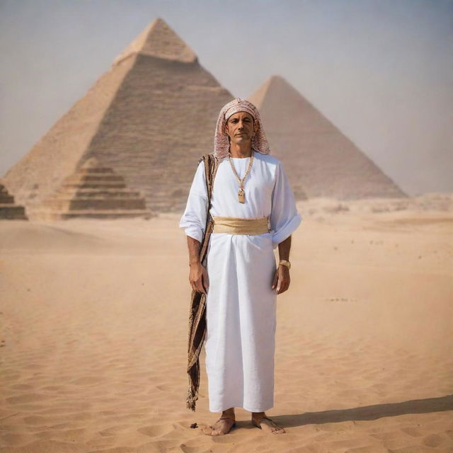 A traditionally dressed Egyptian man, standing tall against a backdrop of the Pyramids with clear-skied desert scenery.