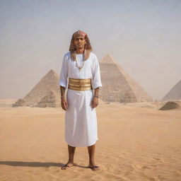 A traditionally dressed Egyptian man, standing tall against a backdrop of the Pyramids with clear-skied desert scenery.