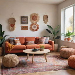 A warm and cozy, modern minimalist living room filled with vibrant, organic furniture, accentuated by splashes of vibrant boho-inspired colours in the decorations.