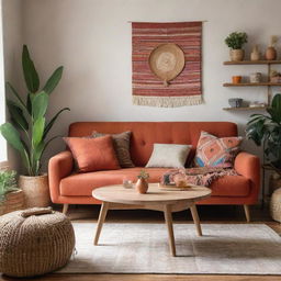 A warm and cozy, modern minimalist living room filled with vibrant, organic furniture, accentuated by splashes of vibrant boho-inspired colours in the decorations.