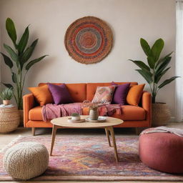 A warm and cozy, modern minimalist living room filled with vibrant, organic furniture, accentuated by splashes of vibrant boho-inspired colours in the decorations.