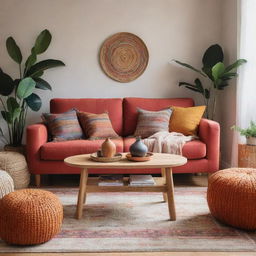 A warm and cozy, modern minimalist living room filled with vibrant, organic furniture, accentuated by splashes of vibrant boho-inspired colours in the decorations.