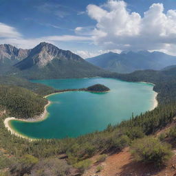 A harmonious montage of a majestic mountain, serene lake, expansive desert, vast ocean, and verdant forest coexisting harmoniously within one panoramic frame.