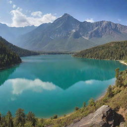 A harmonious montage of a majestic mountain, serene lake, expansive desert, vast ocean, and verdant forest coexisting harmoniously within one panoramic frame.