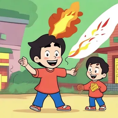 In the cartoon episode, the mischievous character accidentally starts an incendiarism incident while playing with firecrackers.