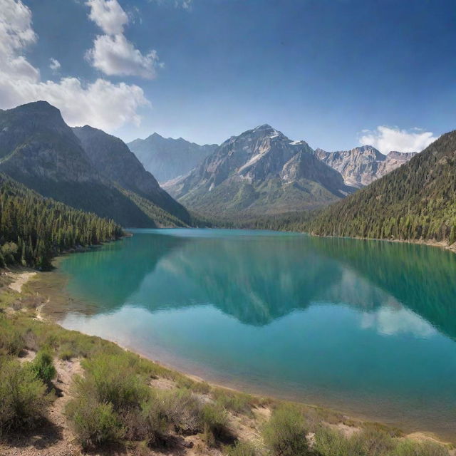 A harmonious montage of a majestic mountain, serene lake, expansive desert, vast ocean, and verdant forest coexisting harmoniously within one panoramic frame.