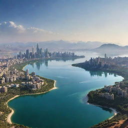 A panoramic vista combining a stunning mountain range, tranquil lake, expansive desert, vast ocean, verdant forest, and a high-tech city skyline seamlessly woven into one inspiring scene.