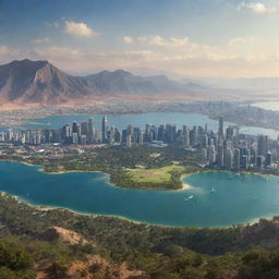 A panoramic vista combining a stunning mountain range, tranquil lake, expansive desert, vast ocean, verdant forest, and a high-tech city skyline seamlessly woven into one inspiring scene.