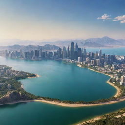 A panoramic vista combining a stunning mountain range, tranquil lake, expansive desert, vast ocean, verdant forest, and a high-tech city skyline seamlessly woven into one inspiring scene.