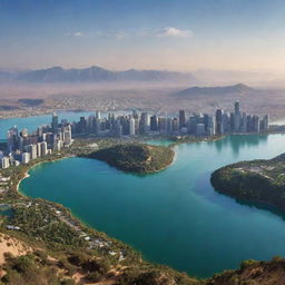 A panoramic vista combining a stunning mountain range, tranquil lake, expansive desert, vast ocean, verdant forest, and a high-tech city skyline seamlessly woven into one inspiring scene.