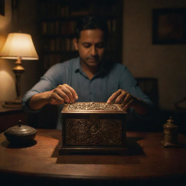 A man named Deepu in a dimly lit apartment at night, opening an antique music box revealing a mystical melody visually depicted as ethereal waves of sound filling the room.