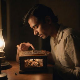 A man named Deepu in a dimly lit apartment at night, opening an antique music box revealing a mystical melody visually depicted as ethereal waves of sound filling the room.