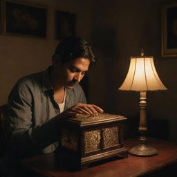 A man named Deepu in a dimly lit apartment at night, opening an antique music box revealing a mystical melody visually depicted as ethereal waves of sound filling the room.