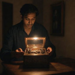 A man named Deepu in a dimly lit apartment at night, opening an antique music box revealing a mystical melody visually depicted as ethereal waves of sound filling the room.