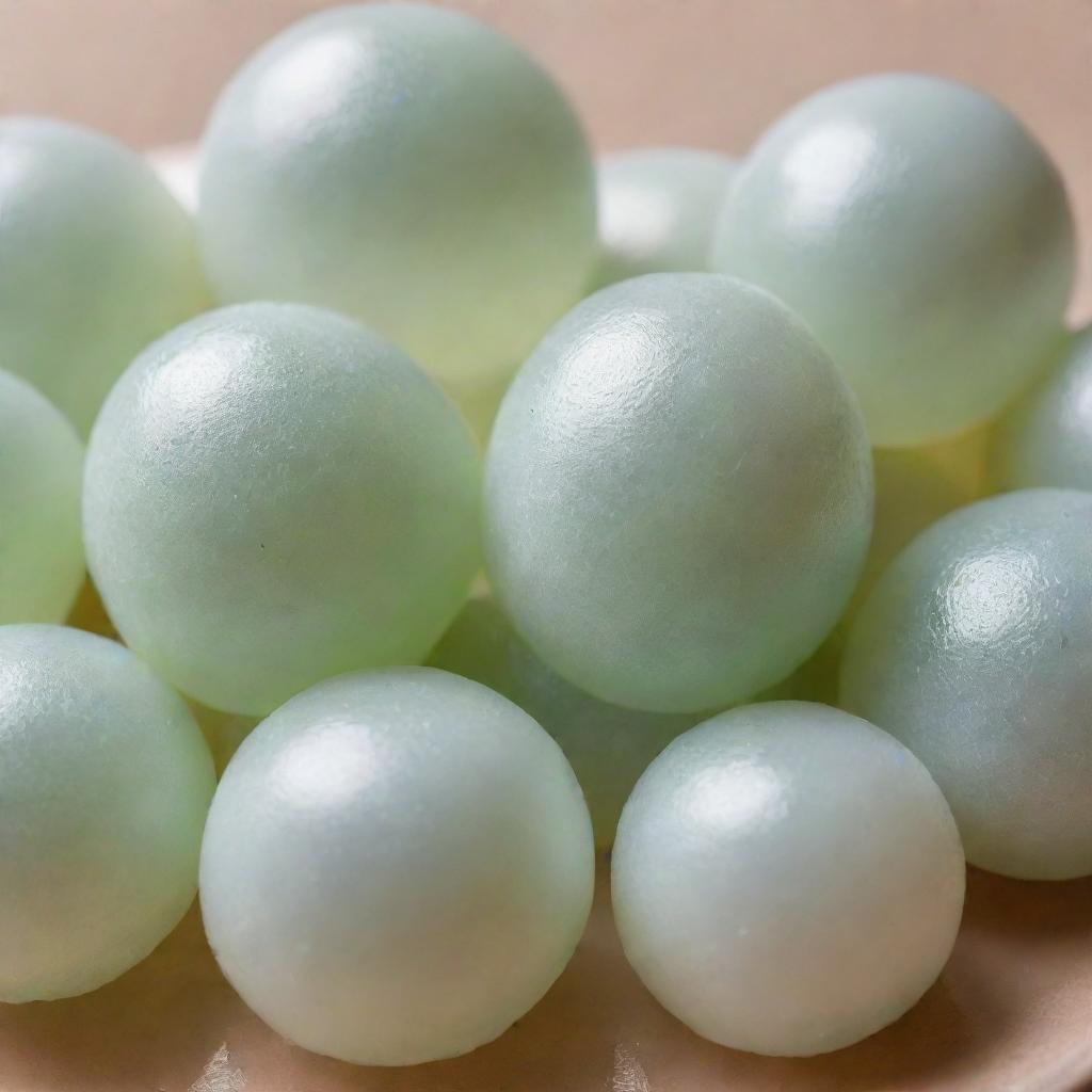 Close-up shot of Nata de Coco, a translucent, chewy, and glistening jelly-like food with fine details showcasing its texture and color.