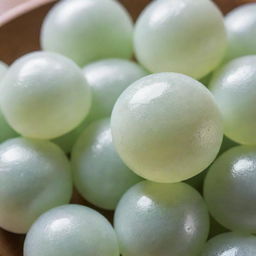 Close-up shot of Nata de Coco, a translucent, chewy, and glistening jelly-like food with fine details showcasing its texture and color.